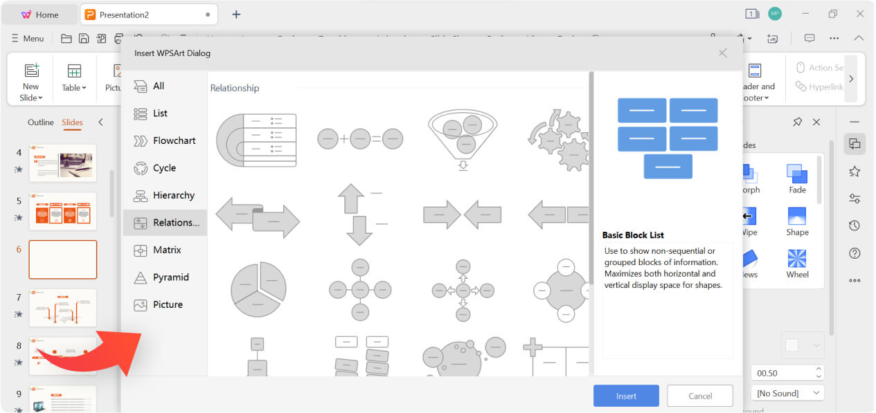 Verwenden einer Concept Map in WPS Presentation